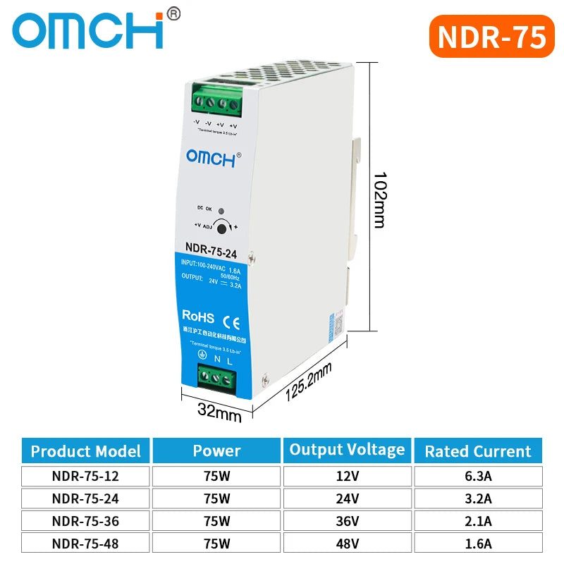 OMCH NDR Series 75/120/150/240/480W AC to DC Din-rail Switching Power Supply 100-240 or 200-240VAC Input 12V/24V/36V/48V Output