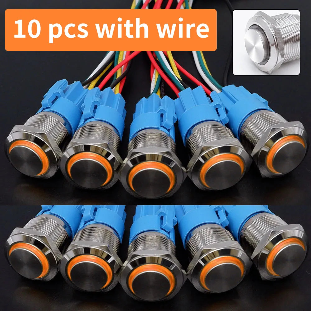 10 pcs Latching Push Button Switch Metal Shell 16/19/22mmWaterproof Power Symbol Pattern Self-Locking Momentary Fixed 1NO 1NC