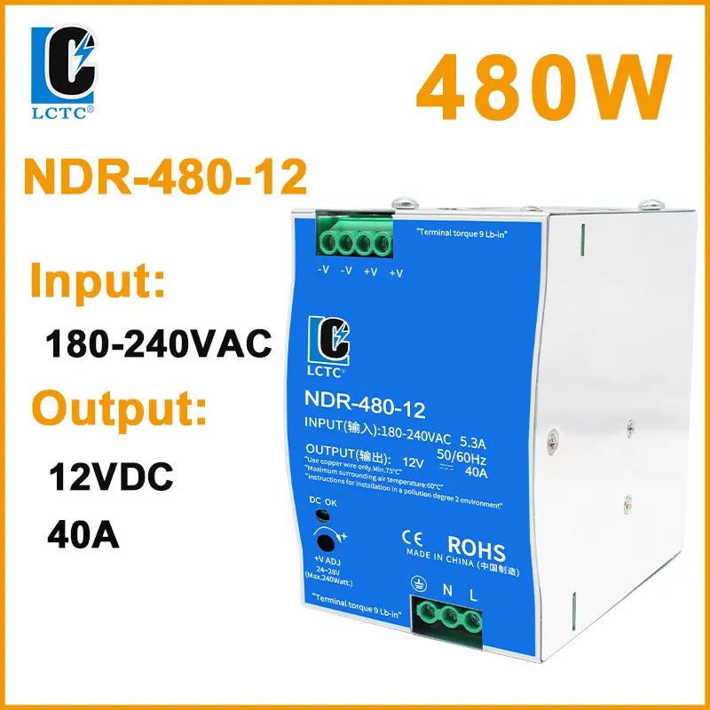 LCTC Switching Power Supply NDR-75W 120W 240W 480W Industrial DIN Rail 12V 24V 48V AC/DC Single Output Power Transformer