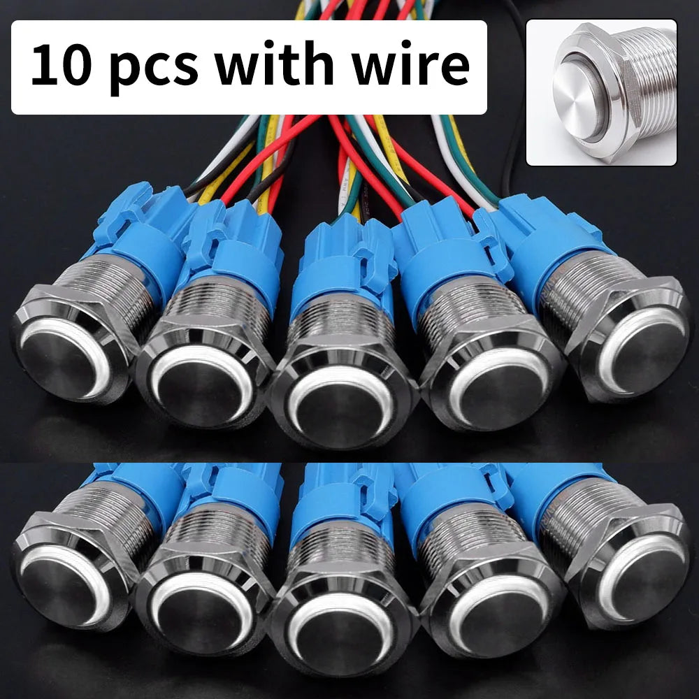 10 pcs Latching Push Button Switch Metal Shell 16/19/22mmWaterproof Power Symbol Pattern Self-Locking Momentary Fixed 1NO 1NC