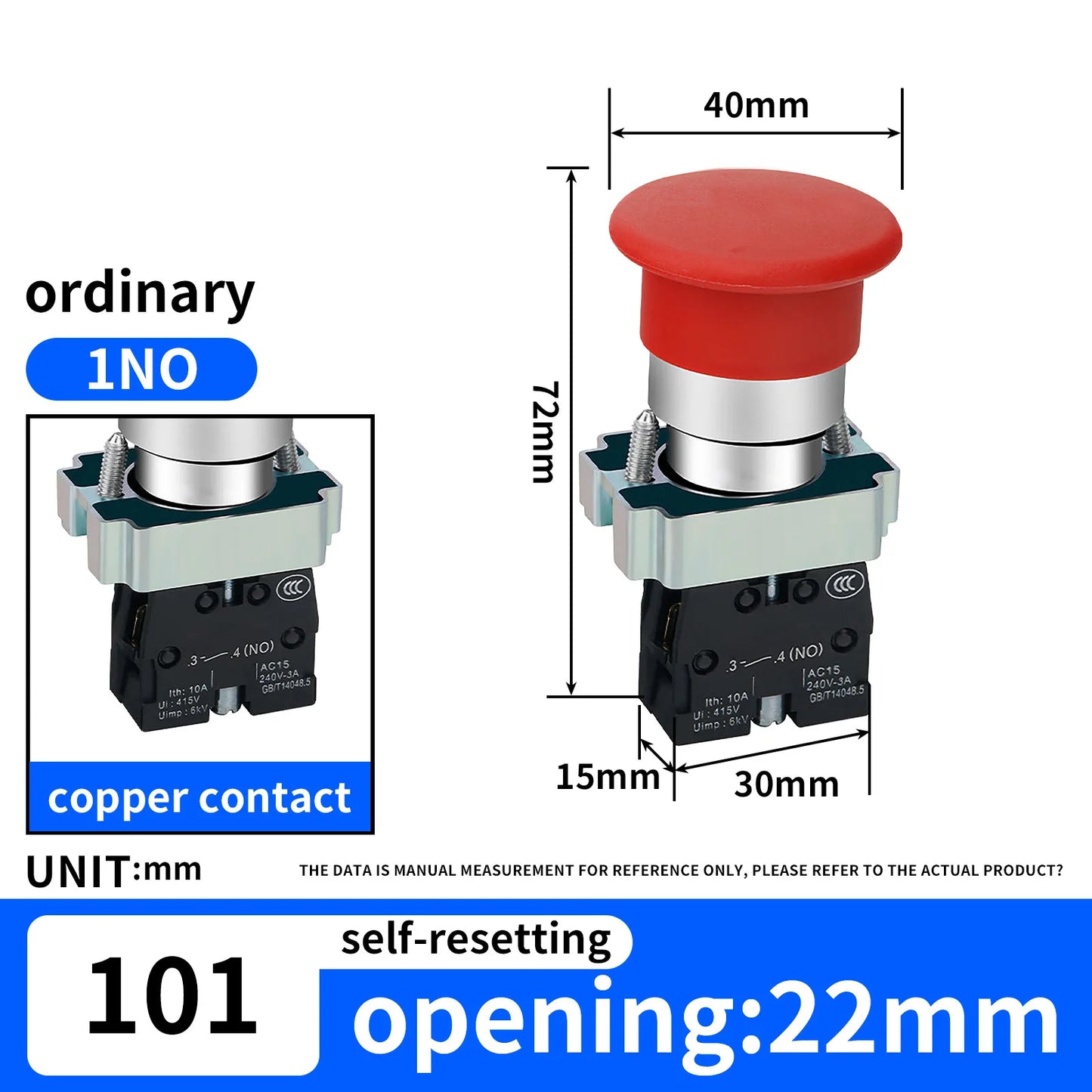 10Pcs 22mm Spring Return Push Button Switch,for Home or Industrial Equipment, Operating Rooms, Distribution Boxes.