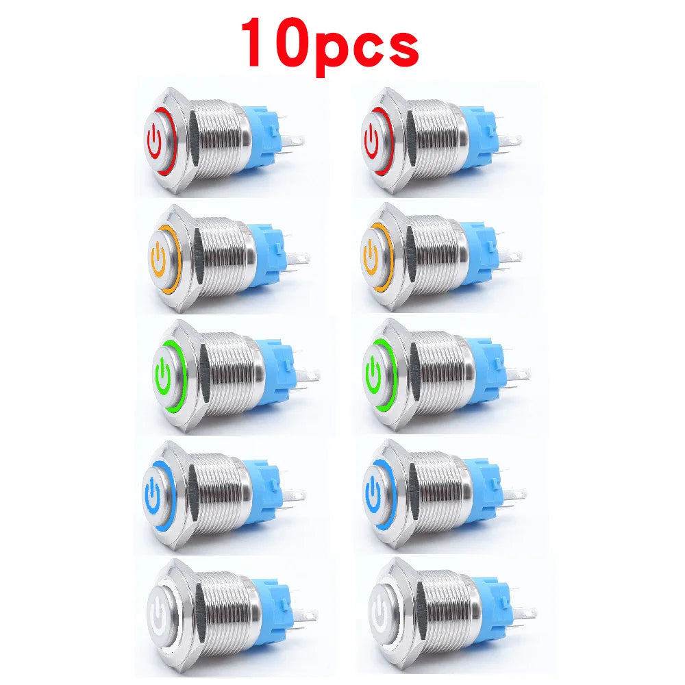 10pcs 16mm 19mm 22mm Metal Push Button Switch with Fixed PC Power Supply Switches Car Engine Momentary Latching LED 5v 12v 220v