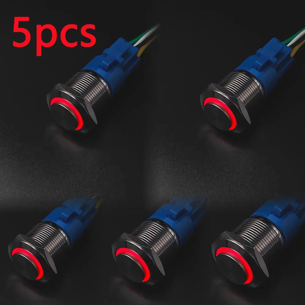5 pcs Metal Push Button Switch Waterproof Momentary Latching 16mm 19mm 22mm Ring Lamp LED Light 5V 6V 12V 24V 220V Red Blue