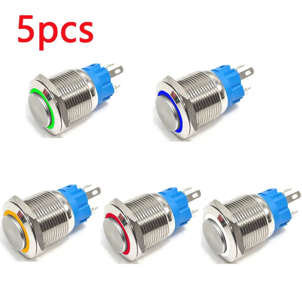 Botón Pulsador Metálico (5 pzas) 16/19/22mm, Momentáneo/Enclavable, Anillo LED, 5V-220V, Impermeable