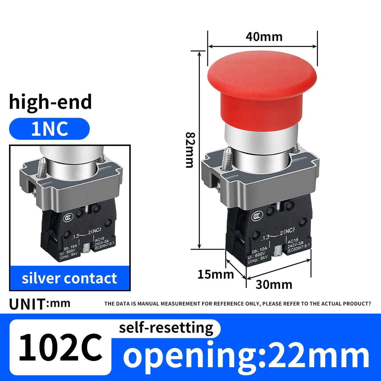 10Pcs 22mm Spring Return Push Button Switch,for Home or Industrial Equipment, Operating Rooms, Distribution Boxes.