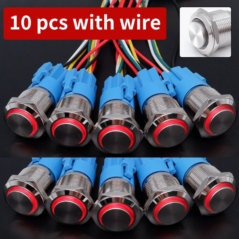 10 pcs Latching Push Button Switch Metal Shell 16/19/22mmWaterproof Power Symbol Pattern Self-Locking Momentary Fixed 1NO 1NC
