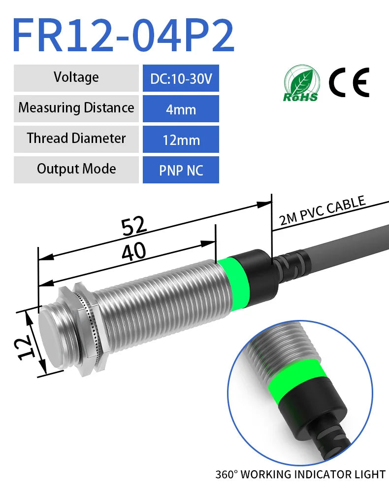 GTRIC Long Distance Inductive Sensor Metal Proximity Switch M12 NPN PNP NO NC 10-30V DC Flush Non-Flush Sensing Range 4mm 8mm