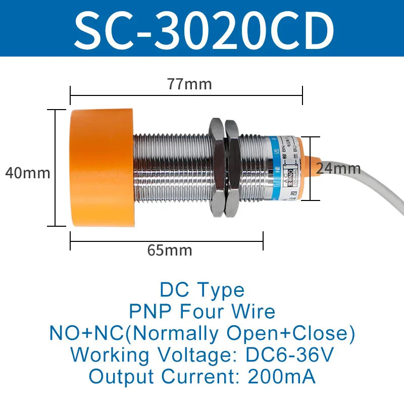 1.1 Meters Inductive Proximity Switch Sensor Waterproof SC-3020A Three Wire NPN PNP NO NC 24V DC AC M40 20mm
