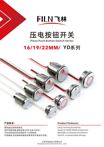Botón Pulsador Piezoeléctrico FILN IP68, 16/19/22mm, Salida por Pulso, Industrial/Médico/Marino