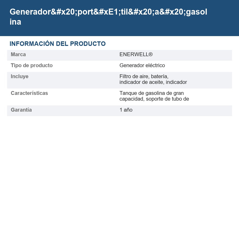 Generador portátil a gasolina ENERWELL-G8000