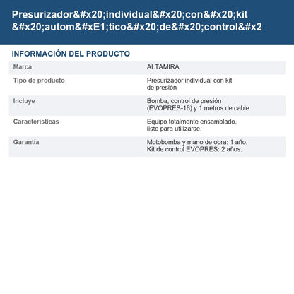 Presurizador individual con kit automático de control de presión EVO-PET08/115