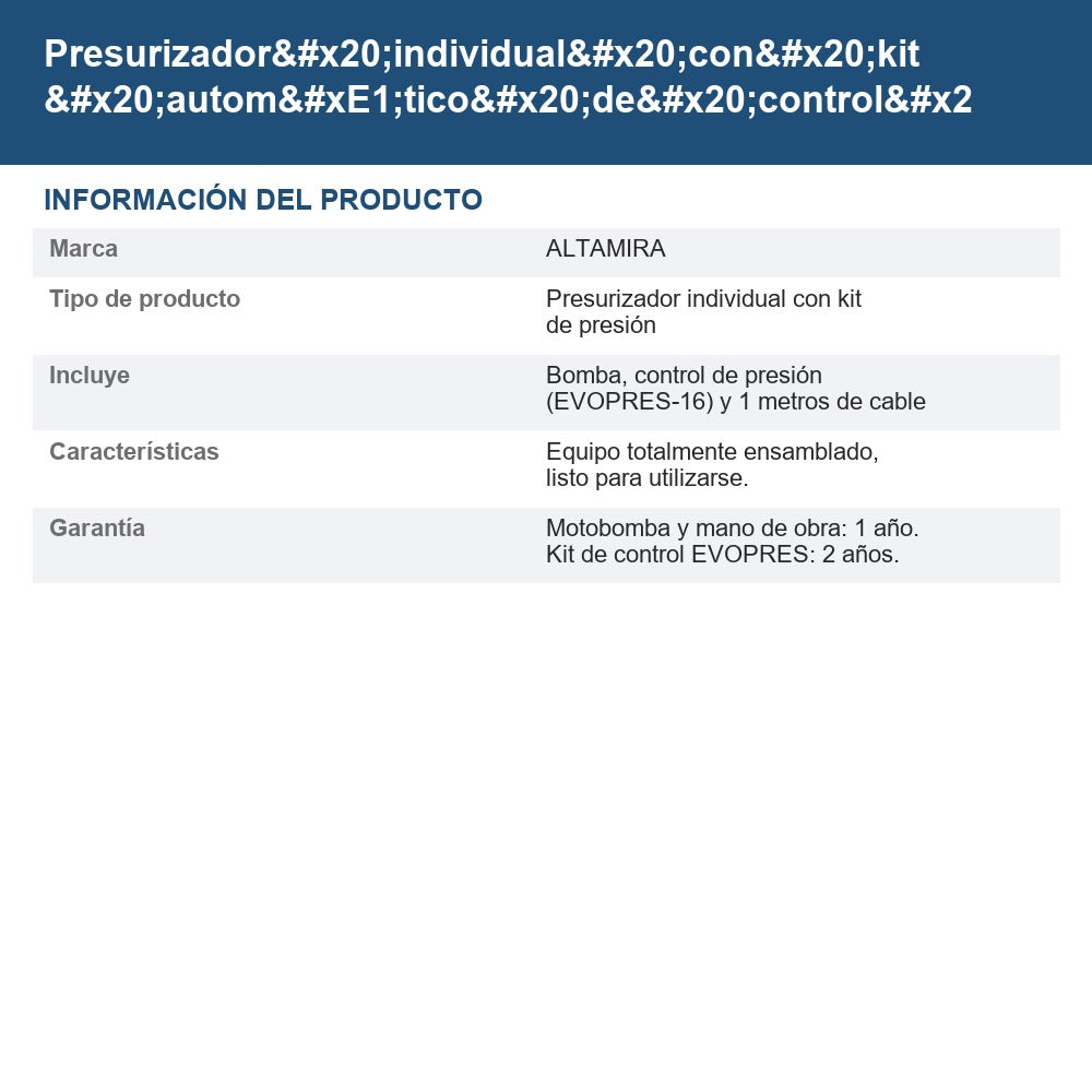 Presurizador individual con kit automático de control de presión EVO-PET13/115