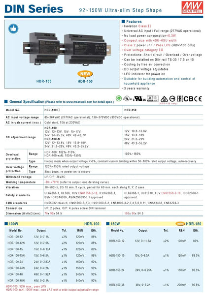 Original Mean Well HDR-15 30 60 100 150 Series DC 5V 12V 15V 24V 48V Meanwell Ultra Slim Step Shape DIN Rail Power Supply