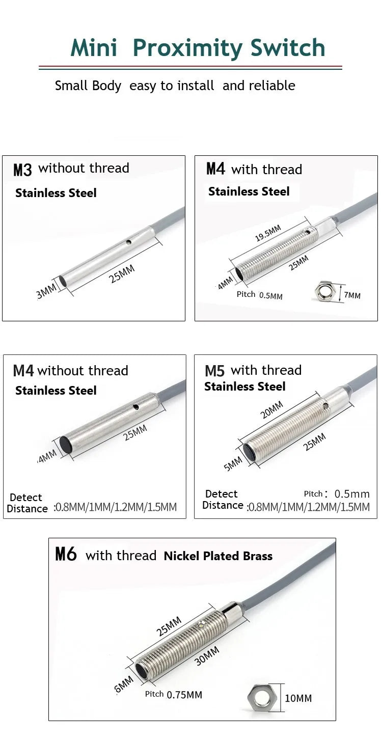 Stainless Steel M3 M4 M5 M6 Mini Proximity Switches Inductive Sensor Switch NPN PNP 0.6mm 0.8mm 1mm 1.2mm Detective Distance