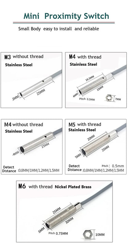 Stainless Steel M3 M4 M5 M6 Mini Proximity Switches Inductive Sensor Switch NPN PNP 0.6mm 0.8mm 1mm 1.2mm Detective Distance