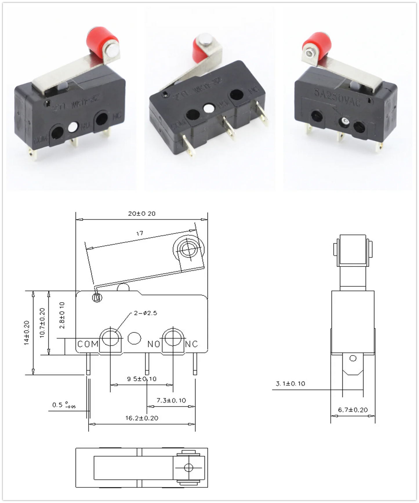 100 PCS/lot 3 pin/2pin All New Limit Switch 5A250VAC KW11-3Z Mini Micro Switch  With Pulley Laser Machine Micro Limit Sensor