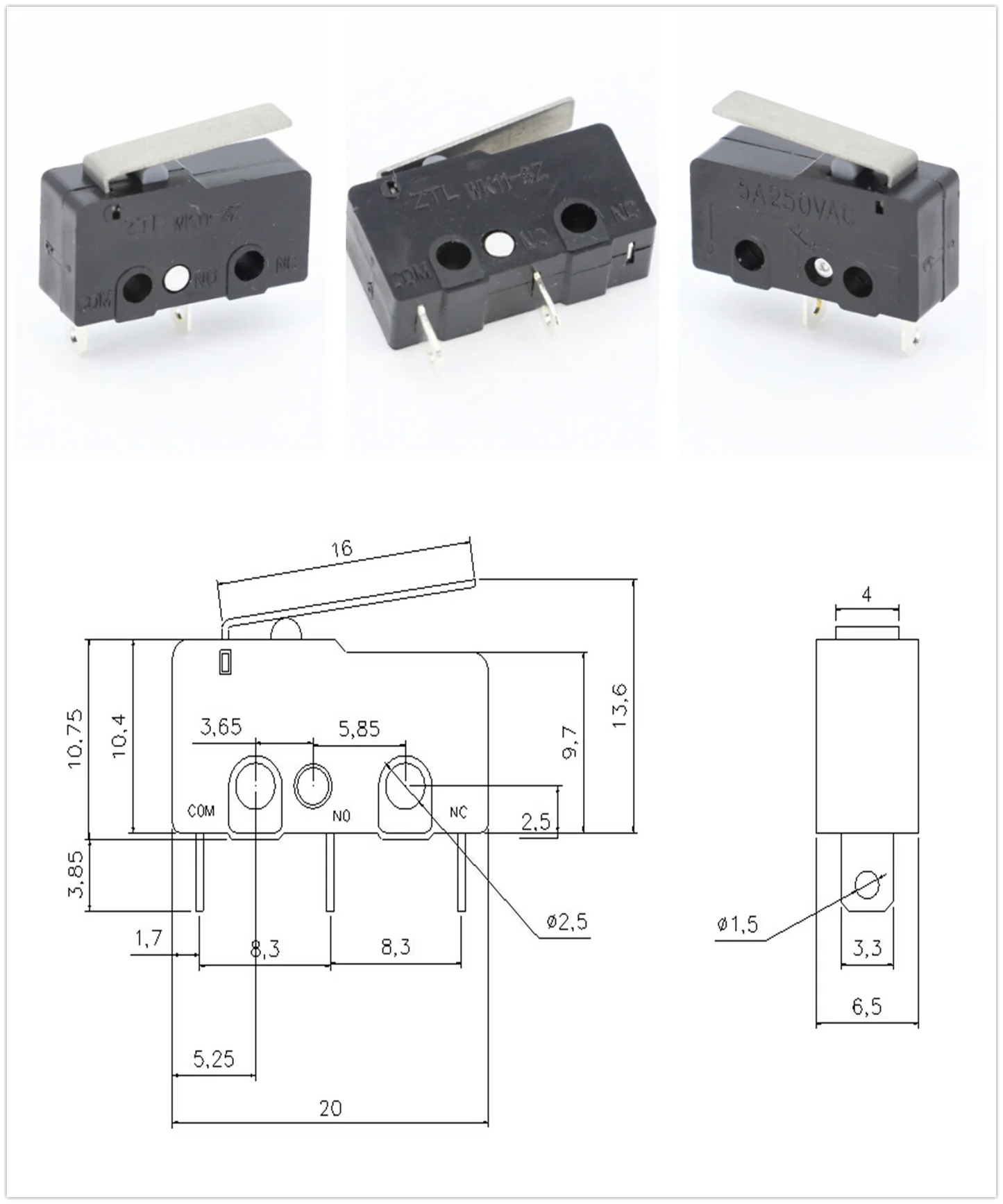 100 PCS/lot 3 pin/2pin All New Limit Switch 5A250VAC KW11-3Z Mini Micro Switch  With Pulley Laser Machine Micro Limit Sensor
