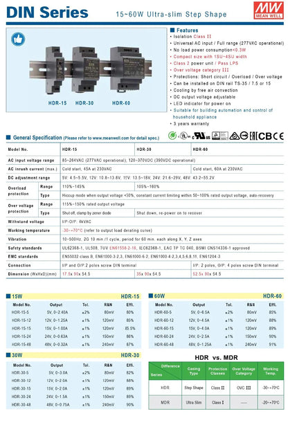 Original Mean Well HDR-15 30 60 100 150 Series DC 5V 12V 15V 24V 48V Meanwell Ultra Slim Step Shape DIN Rail Power Supply