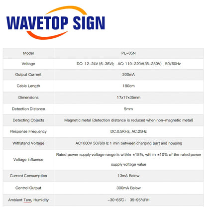 WaveTopSign Inductive Proximity Sensor Switch PL-05N 5mm NPN out DC10-30V Normal Open NEW for Laser Cutting Machine
