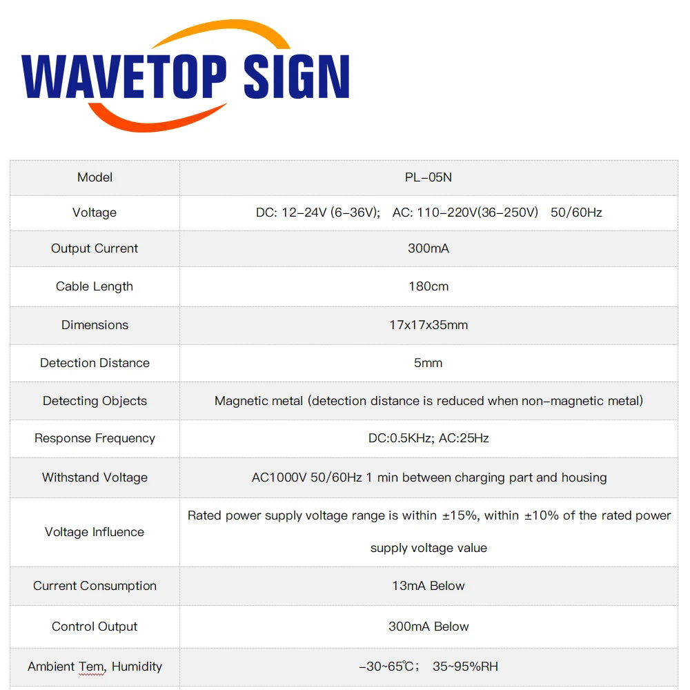 WaveTopSign Inductive Proximity Sensor Switch PL-05N 5mm NPN out DC10-30V Normal Open NEW for Laser Cutting Machine