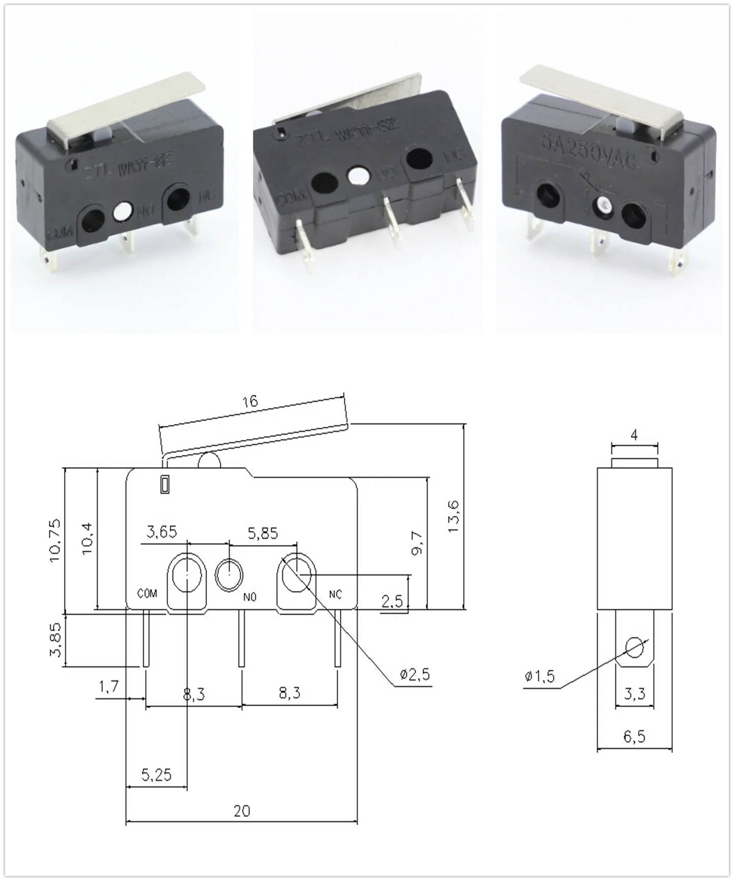 100 PCS/lot 3 pin/2pin All New Limit Switch 5A250VAC KW11-3Z Mini Micro Switch  With Pulley Laser Machine Micro Limit Sensor
