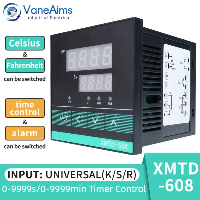 Controlador de Temperatura PID XMTD-608 con Temporizador 0-9999min, Display Digital, 1300°C, 85-265VAC