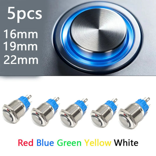 5 pcs Metal Push Button Switch Waterproof Momentary Latching 16mm 19mm 22mm Ring Lamp   LED Light 5V 6V 12V 24V 220V Red Blue
