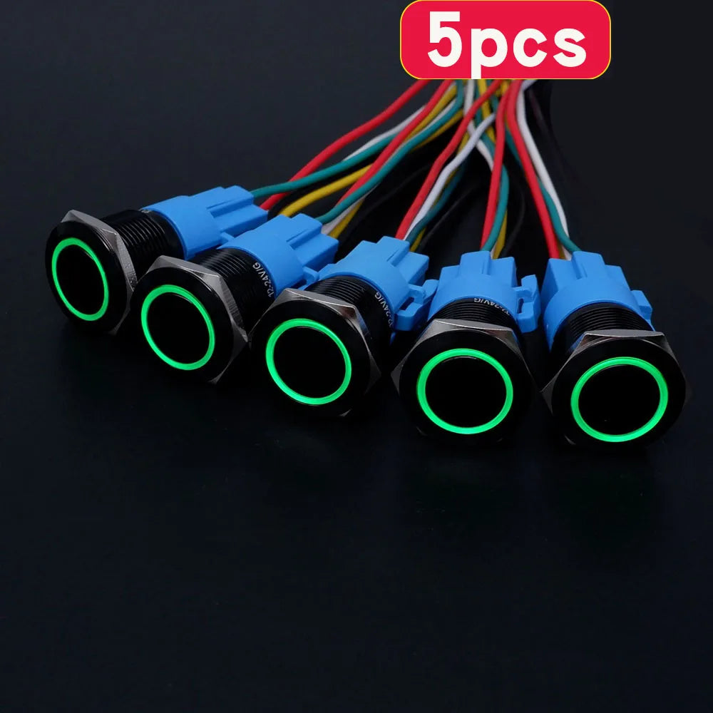 5pcs 16mm 19mm 22mm Metal Push Button Switch Momentary Latching Led Light Flat Head Red Blue Green Yellow White 5V 12V 24V 220V
