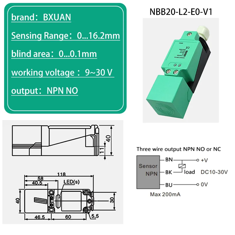 BXUAN Square inductive sensor with a detection distance of 20mm, three wire four wire output NPN PNP AC NO NC