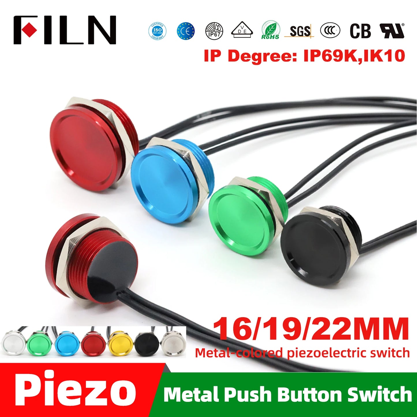 FILN Piezo Push Button Switch Waterproof IP68 16mm 19mm 22mm Industrial Medical Marine  Protection Pulse Output Touch Switch