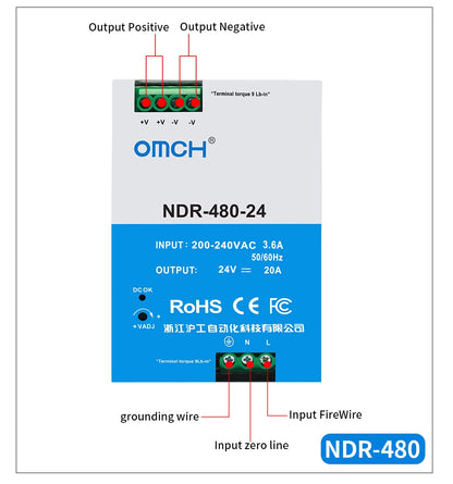OMCH NDR Series 75/120/150/240/480W AC to DC Din-rail Switching Power Supply 100-240 or 200-240VAC Input 12V/24V/36V/48V Output