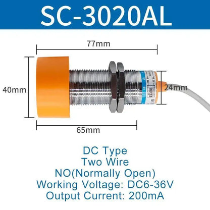 Inductive Proximity Switch Sensor Waterproof SC-3020A Three Wire NPN Normally Open 24V DC M40 20mm