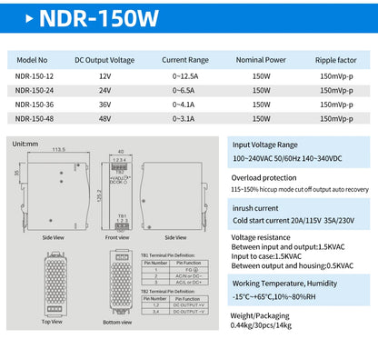 OMCH NDR Series 75/120/150/240/480W AC to DC Din-rail Switching Power Supply 100-240 or 200-240VAC Input 12V/24V/36V/48V Output