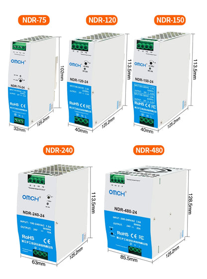 OMCH NDR Series 75/120/150/240/480W AC to DC Din-rail Switching Power Supply 100-240 or 200-240VAC Input 12V/24V/36V/48V Output