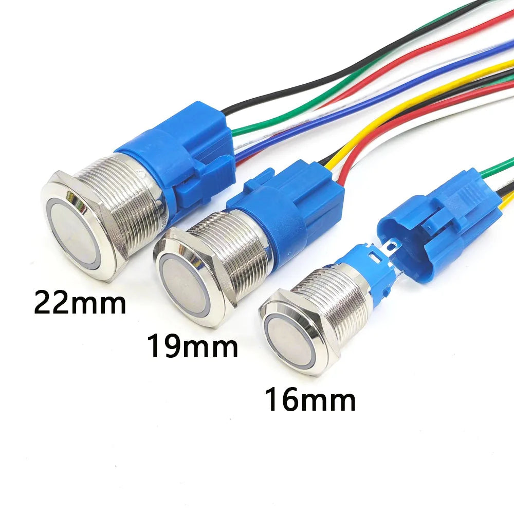 Botón Pulsador Metálico (10 pzas) 16/19/22mm, Momentáneo/Enclavable, LED, 3V-220V, Arranque/Paro