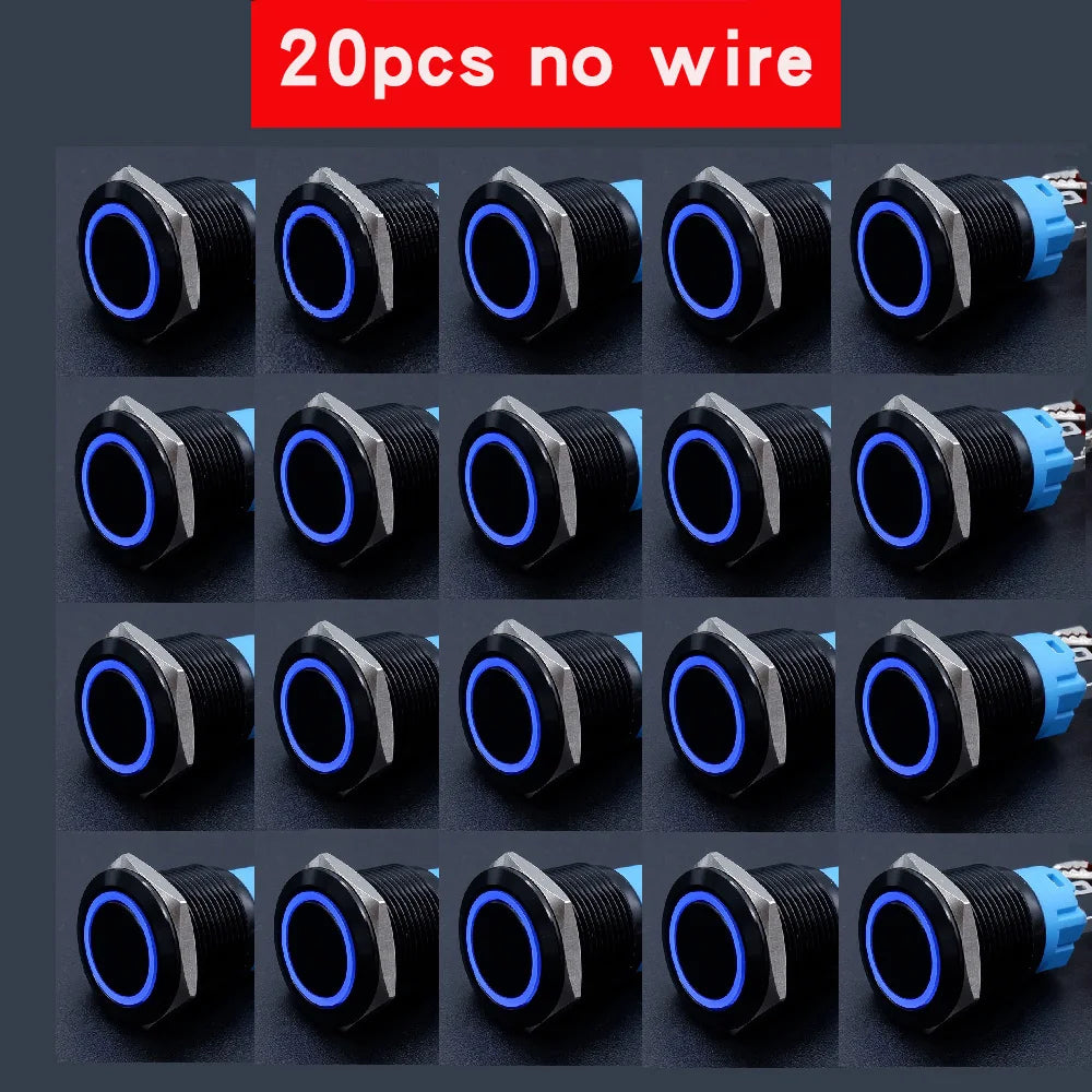 20pcs 16mm 19mm 22mm Metal Push Button Switch LED Ring Power Light Momentary Latching Waterproof  5V 12V 24V 220V Black 1NO1NO
