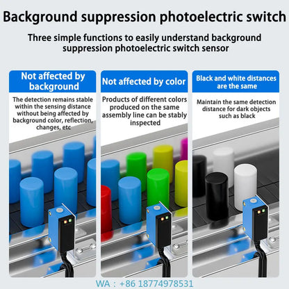 10-300mm Sensing Distance Infrared Diffuse Reflection BackgroundPNP/NPN NO/NC IP67 Optical Sensor DC10-30V Adjustable