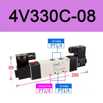 AirTAC 4V130C-06 4V230C-08 4V330C-10 4V430C-15 Pneumatic Air Solenoid Valve 5 Port 3 Position Way Reversing  12V 24V 110V 220V