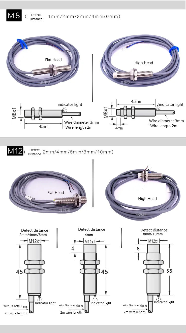 M8 Inductive Sensor Switch with Thread without Thread NPN PNP 3Wires Proximity Switches NO NC 1mm 2mm 3mm 4mm 6mm
