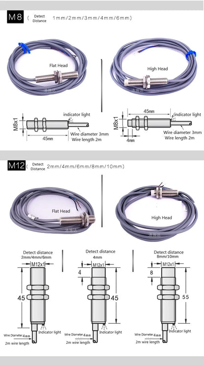 M8 Inductive Sensor Switch with Thread without Thread NPN PNP 3Wires Proximity Switches NO NC 1mm 2mm 3mm 4mm 6mm