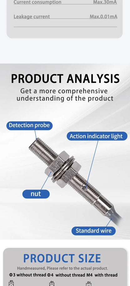 M3 small Proximity switch sensor IP67 waterproof NPN or PNP Unthreaded 24VDC Detecting metals