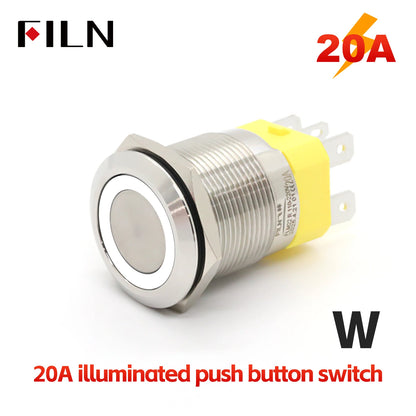 FILN IP67 22mm 20A Waterproof Metal Button Stainless Steel Push Button Switch 12V 24V 110V 220V High Current Flat Ring Round