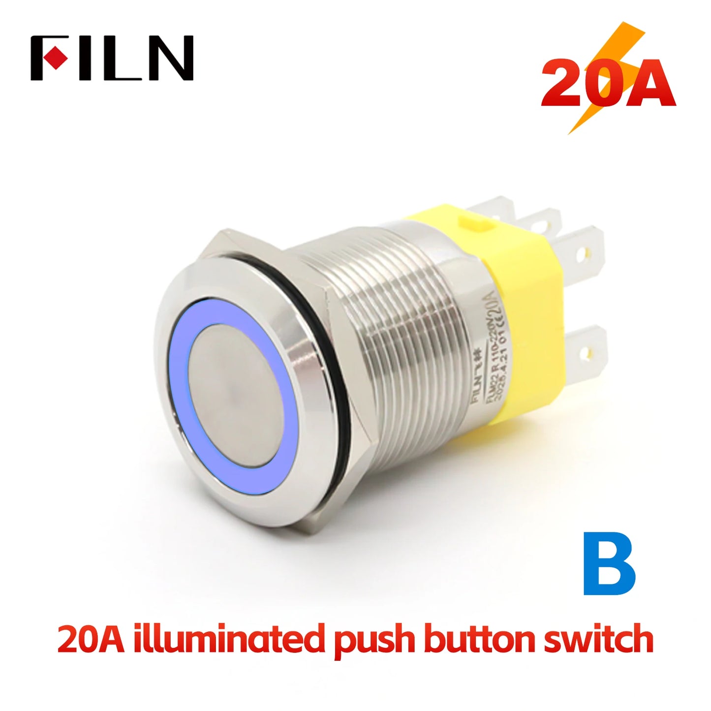 FILN IP67 22mm 20A Waterproof Metal Button Stainless Steel Push Button Switch 12V 24V 110V 220V High Current Flat Ring Round
