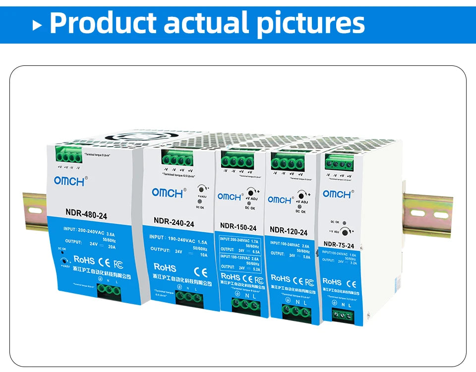 OMCH NDR Series 75/120/150/240/480W AC to DC Din-rail Switching Power Supply 100-240 or 200-240VAC Input 12V/24V/36V/48V Output