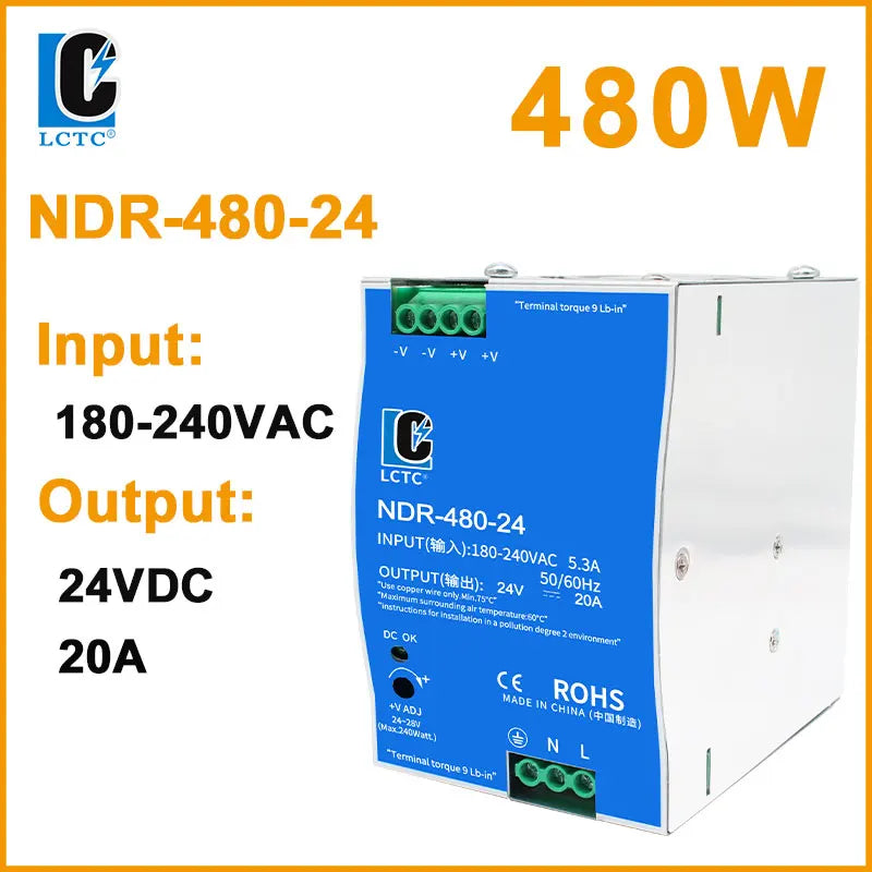 LCTC Switching Power Supply NDR-75W 120W 240W 480W Industrial DIN Rail 12V 24V 48V AC/DC Single Output Power Transformer