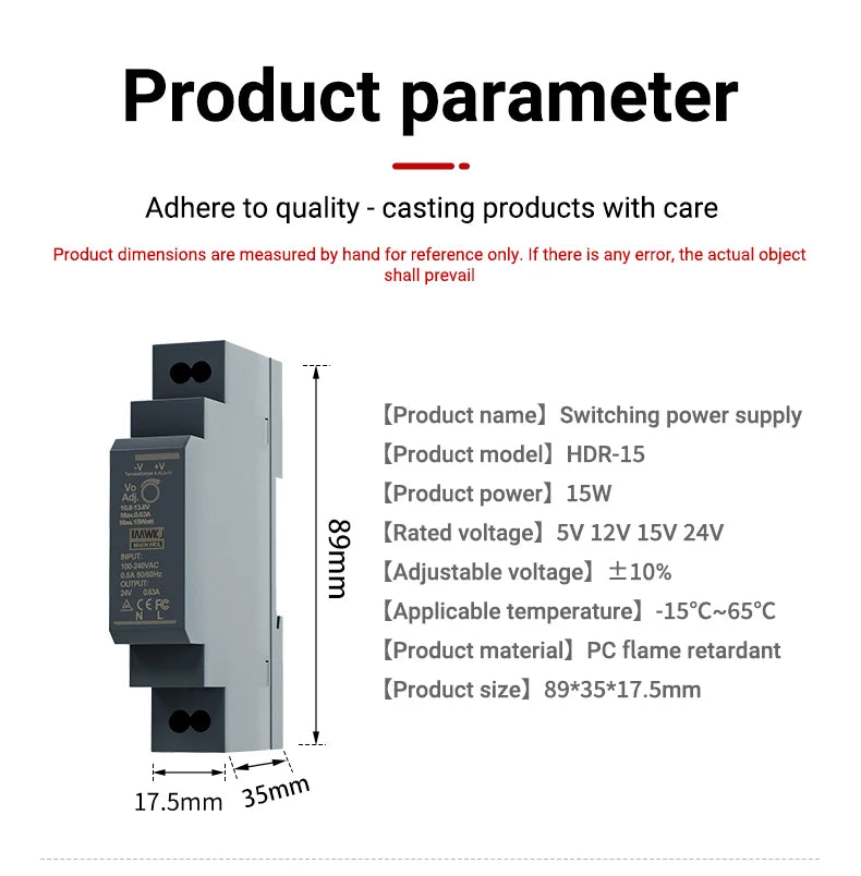 HDR-15 Series 15W Ultrathin Switching Power Supply with DC 5V/12V/24V/48V Outputs 100-240VAC Input DIN Rail Mounting