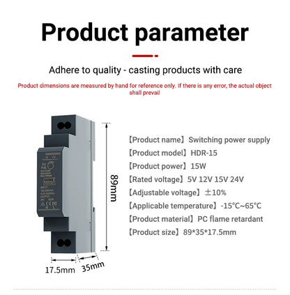 HDR-15 Series 15W Ultrathin Switching Power Supply with DC 5V/12V/24V/48V Outputs 100-240VAC Input DIN Rail Mounting