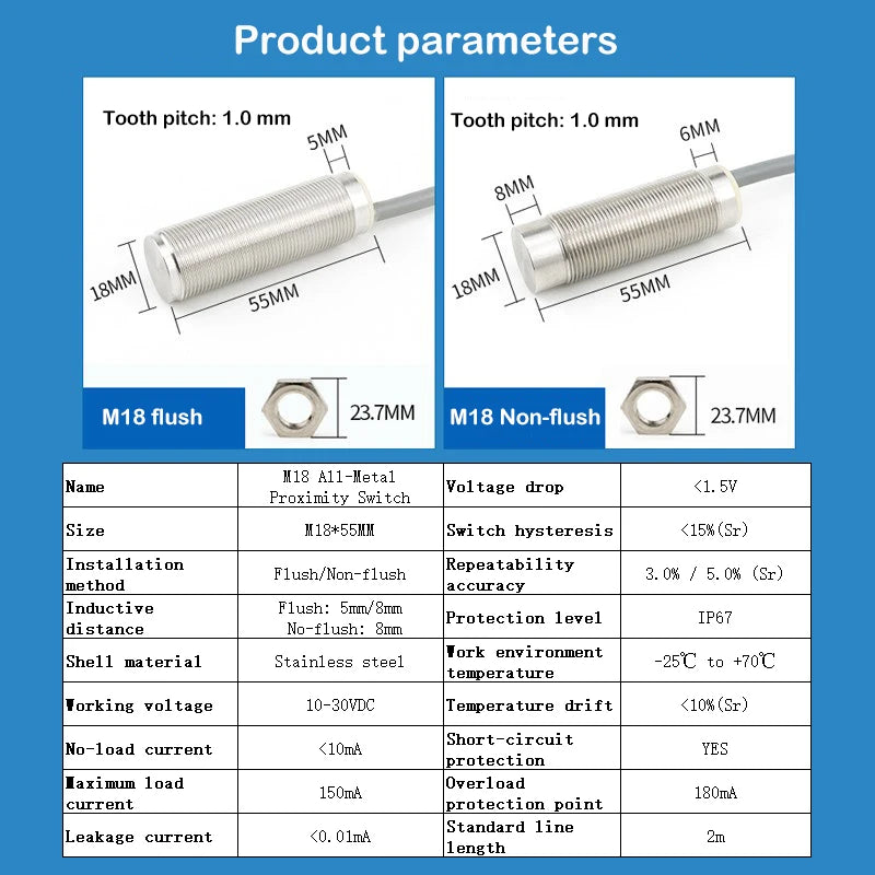 M18 all-metal sensing surface proximity switch sensor three-wire 24V stainless steel integrated pipe piece NPN open type PNP