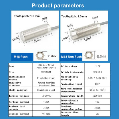 M18 all-metal sensing surface proximity switch sensor three-wire 24V stainless steel integrated pipe piece NPN open type PNP