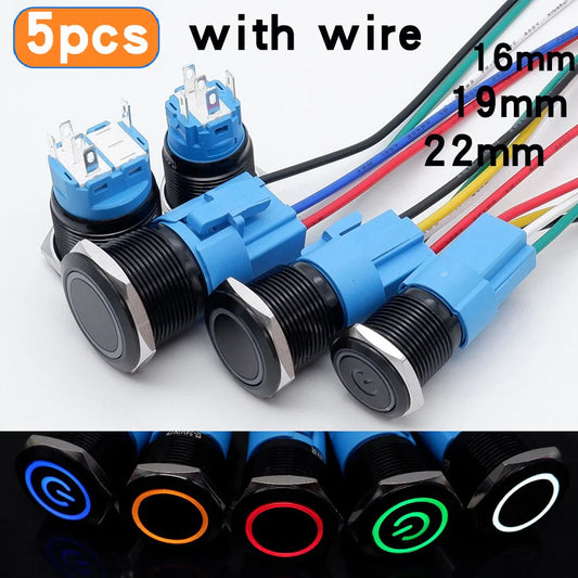 5pcs 16mm 19mm 22mm Metal Push Button Switch Momentary Latching Led Light Flat Head Red Blue Green Yellow White 5V 12V 24V 220V